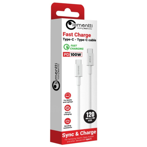 Lemontti Cablu Fast Charge Type-C la Type-C, PD, 100W, 1.2m, Alb [6]