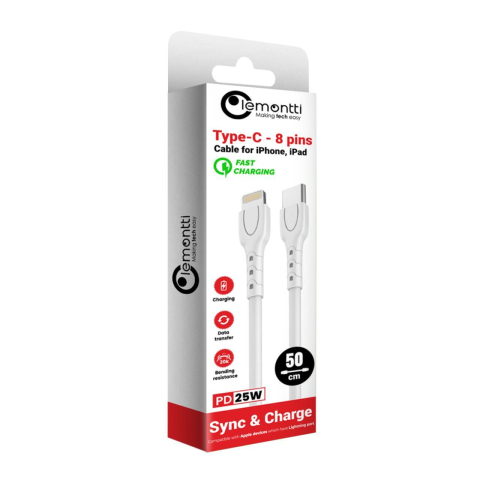 Laptop, Tablete & Telefoane - Lemontti Cablu Type-C la tip Lightning, 25W, 0.5m, Alb