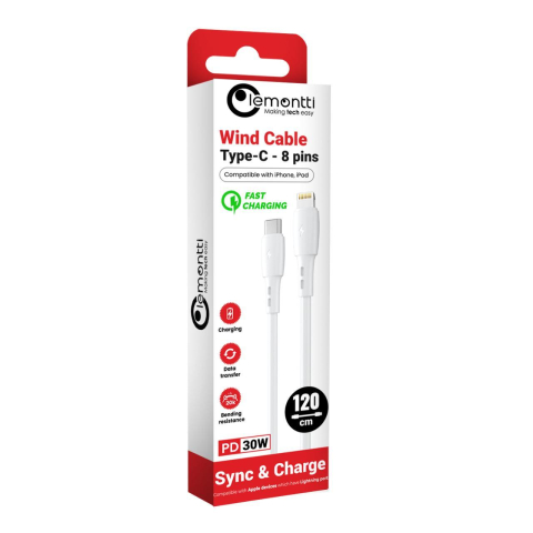 Laptop, Tablete & Telefoane - Lemontti Cablu Wind Fast Charge Type-C la tip Lightning, PD 30W, 1.2m, Alb