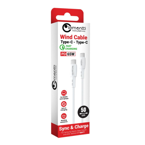Lemontti Cablu Wind Fast Charge Type-C la Type-C, PD 65W, 0.5m, Alb [1]