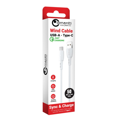 Laptop, Tablete & Telefoane - Lemontti Cablu Wind Fast Charge USB-A la Type-C, 0.5m, Alb