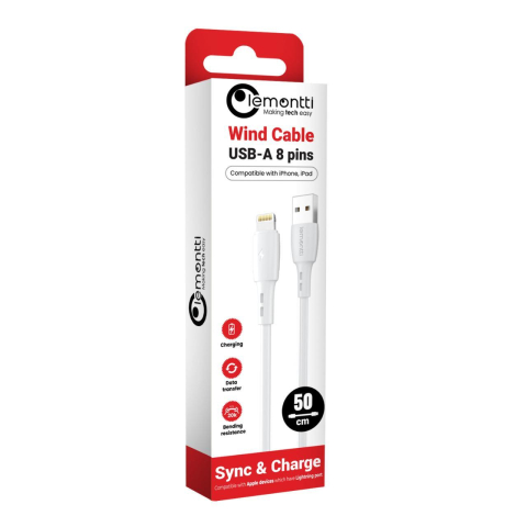 Laptop, Tablete & Telefoane - Lemontti Cablu Wind USB-A la tip Lightning, 0.5m, Alb