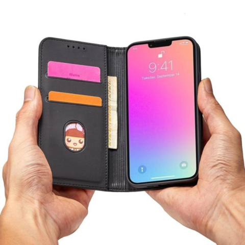 Laptop, Tablete & Telefoane - Lemontti Husa Book Magnet Card iPhone 14 Pro, cu suport portofel, Negru