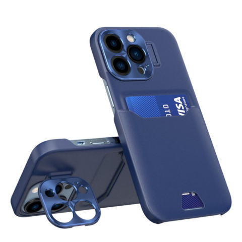 Lemontti Husa Leather Stand iPhone 14 Pro Albastru,cu suport pentru card [1]