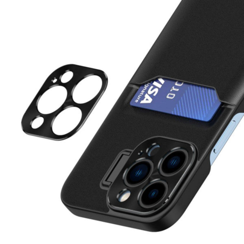 Lemontti Husa Leather Stand iPhone 14 Pro Negru, cu suport pentru card [5]