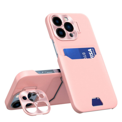 Lemontti Husa Leather Stand iPhone 14 Pro Roz, cu suport pentru card [6]