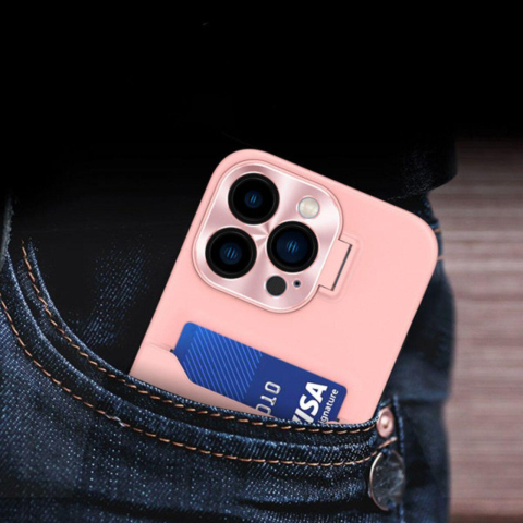Laptop, Tablete & Telefoane - Lemontti Husa Leather Stand iPhone 14 Pro Roz, cu suport pentru card