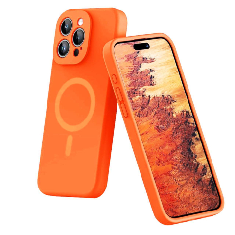 Laptop, Tablete & Telefoane - Lemontti Husa Liquid Silicon MagCharge iPhone 15 Pro Portocaliu Neon (protectie 360°, material fin, captusit cu microfibra)