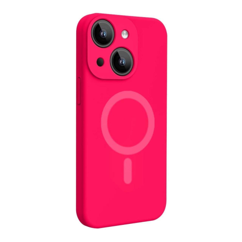 Laptop, Tablete & Telefoane - Lemontti Husa Liquid Silicon MagCharge iPhone 15 Roz Neon (protectie 360°, material fin, captusit cu microfibra)