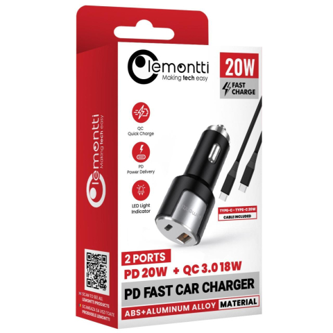 Lemontti Incarcator Auto Fast Charge 1 x port PD Type-C 20W + 1 x port USB-A QC 3.0 18W cu cablu Type-C la Type-C 20W, 1m, Negru/Argintiu [0]