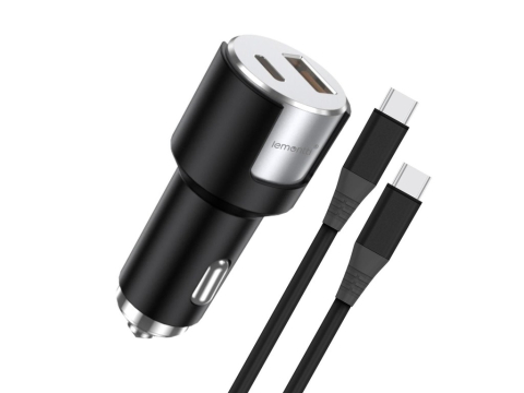 Periferice IT - Lemontti Incarcator Auto Fast Charge 1 x port PD Type-C 20W + 1 x port USB-A QC 3.0 18W cu cablu Type-C la Type-C 20W, 1m, Negru/Argintiu