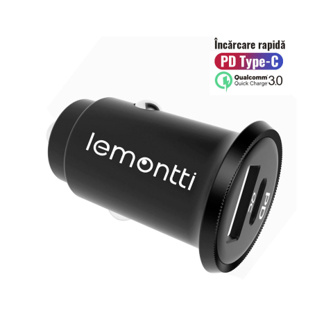 Lemontti Incarcator Auto Fast Charge 30W 5A 2 porturi PD Type C + USB-A QC 3.0,  Negru [9]