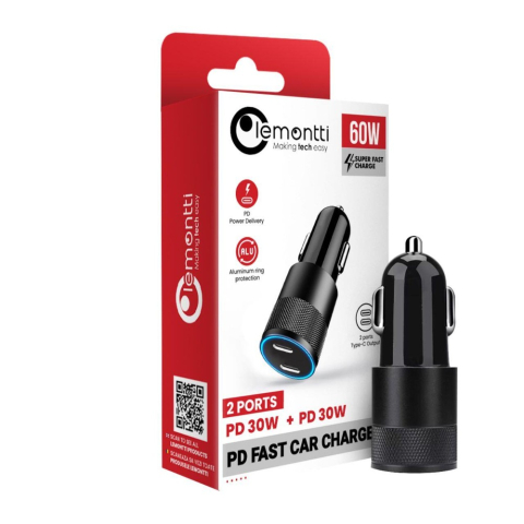 Lemontti Incarcator Auto Super Fast Charge 60W 2 porturi PD Type-C x 30W Negru [5]