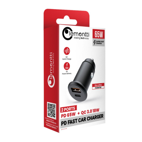 Solutii incarcare - Lemontti Incarcator Auto Super Fast Charge 65W 2 porturi PD Type-C 65W + USB-A QC 3.0 Negru