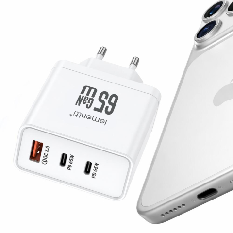 Lemontti Incarcator Retea GaN 2x Type-C si 1x USB-A, 65W, Fast Charge, EU Plug, Alb [7]