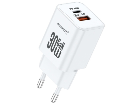 Periferice IT - Lemontti Incarcator Retea GaN Dual Port 1x Type-C si 1x USB-A, 30W, EU Plug, Alb