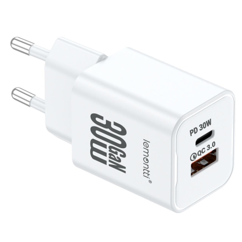 Lemontti Incarcator Retea GaN Dual Port 1x Type-C si 1x USB-A, 30W, EU Plug, Alb [2]