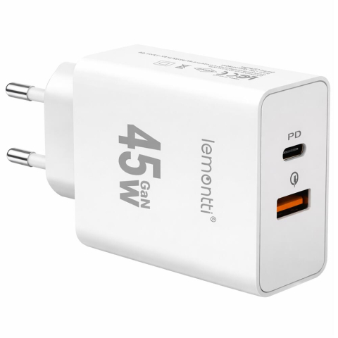 Solutii incarcare - Lemontti Incarcator Retea GaN Fast Charge 45W 1 x PD Type-C + 1 x USB-A Quick Charge 3.0 Alb