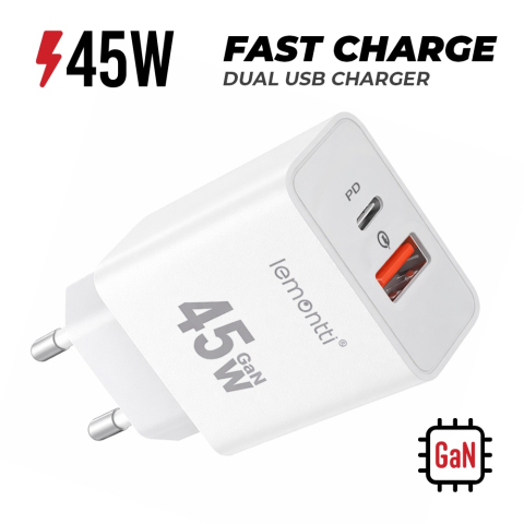 Lemontti Incarcator Retea GaN Fast Charge 45W 1 x PD Type-C + 1 x USB-A Quick Charge 3.0 Alb [12]