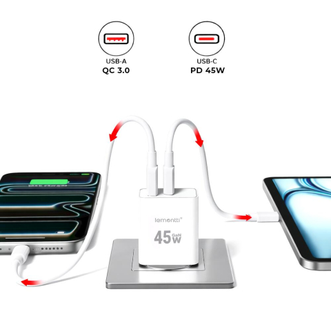 Lemontti Incarcator Retea GaN Fast Charge 45W 1 x PD Type-C + 1 x USB-A Quick Charge 3.0 Alb [3]