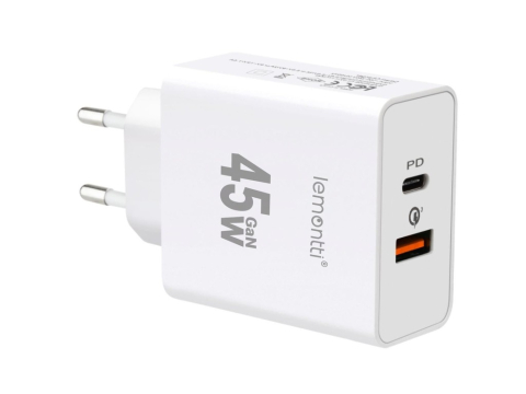 Periferice IT - Lemontti Incarcator Retea GaN Fast Charge 45W 1 x PD Type-C + 1 x USB-A Quick Charge 3.0 Alb