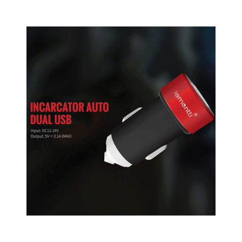Lemontti Set Incarcator Auto 3.1A 2 porturi USB-A si cablu Type-C 1m Negru / Rosu [14]