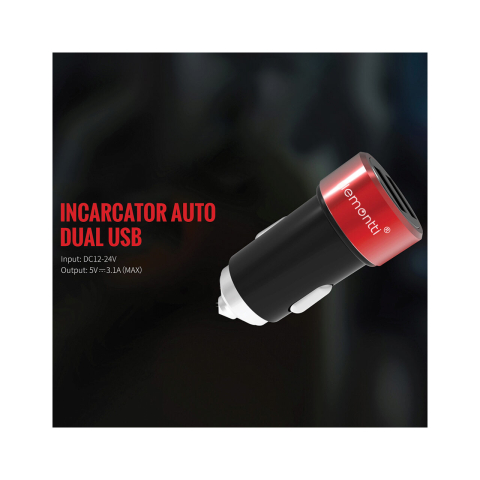Lemontti Set Incarcator Auto 3.1A 2 porturi USB-A si cablu Type-C 1m Negru / Rosu [4]