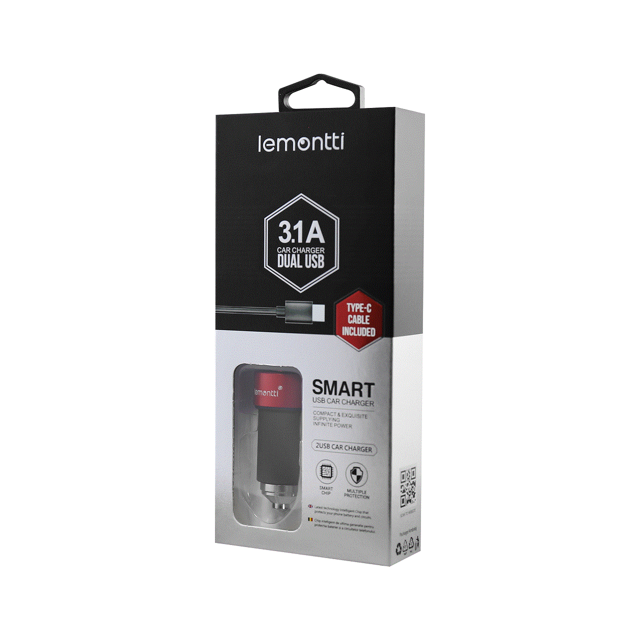 Lemontti Set Incarcator Auto 3.1A 2 porturi USB-A si cablu Type-C 1m Negru / Rosu [13]