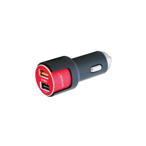 Lemontti Set Incarcator Auto Fast Charge 3.1A 2 porturi USB-A QC 3.0 + USB-A si cablu MicroUSB 1m Negru-Rosu [1]