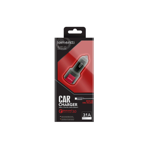 Laptop, Tablete & Telefoane - Lemontti Set Incarcator Auto Fast Charge 3.1A 2 porturi USB-A QC 3.0 + USB-A si cablu MicroUSB 1m Negru-Rosu