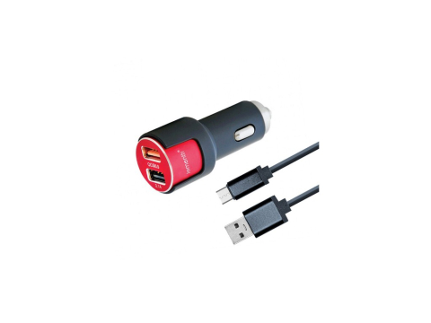 Periferice IT - Lemontti Set Incarcator Auto Fast Charge 3.1A 2 porturi USB-A QC 3.0 + USB-A si cablu MicroUSB 1m Negru-Rosu