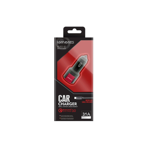 Lemontti Set Incarcator Auto Fast Charge 3.1A 2 porturi USB-A QC 3.0 + USB-A si cablu MicroUSB 1m Negru-Rosu [5]