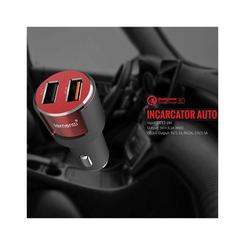 Lemontti Set Incarcator Auto Fast Charge 3.1A 2 porturi USB-A QC 3.0 + USB-A si cablu MicroUSB 1m Negru-Rosu [4]