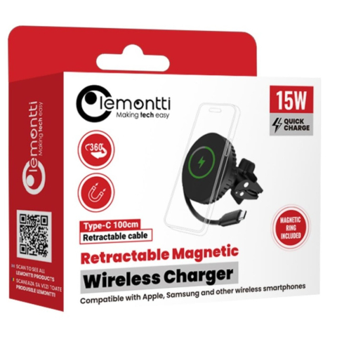 Lemontti Suport Auto MagSafe Magnetic cu Incarcare wireless si cablu retractabil Type-C 1m, prindere ventilatie, Negru [13]