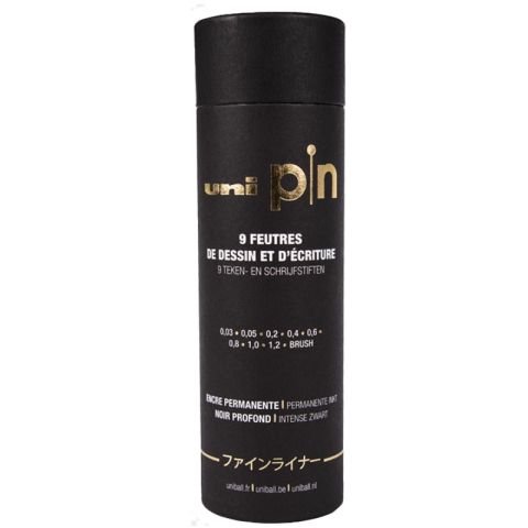 Liner UNI PIN-200, set 9 buc + cutie cadou cilindrica, varfuri diverse, negru [1]