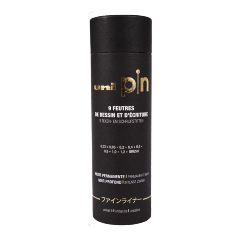 Liner UNI PIN-200, set 9 buc + cutie cadou cilindrica, varfuri diverse, negru [0]
