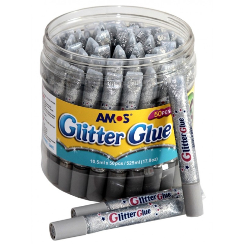 Lipici scolar, Stick, Solid si Lichid - Lipici lichid cu sclipici, argintiu, borcan cu 50 buc, Amos, GCL10BK50
