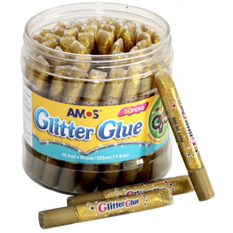 Lipici scolar, Stick, Solid si Lichid - Lipici lichid cu sclipici, auriu, borcan cu 50 buc, Amos, GCL10BK50