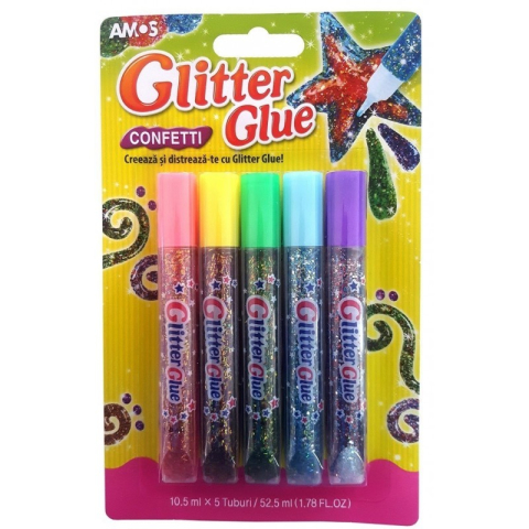 Lipici scolar, Stick, Solid si Lichid - Lipici lichid cu sclipici, confeti, set 5 buc, Amos, GCF10B5