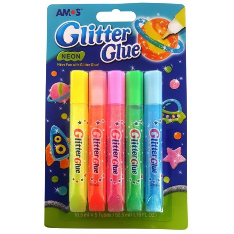 Lipici scolar, Stick, Solid si Lichid - Lipici lichid cu sclipici, culori neon, set 5 buc, Amos, GNE10B5
