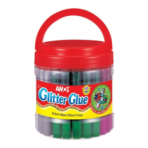 Lipici scolar, Stick, Solid si Lichid - Lipici lichid cu sclipici, diverse culori, borcan cu 50 buc, Amos, GCL10BK50