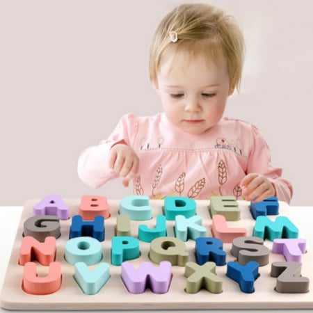 Joc puzzle din lemn, puzzle incastru litere si culori pastel. [1]