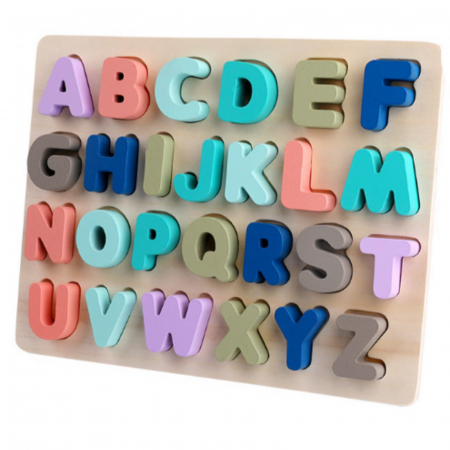 Jucării și Jocuri pentru copii - Joc puzzle din lemn, puzzle incastru litere si culori pastel.