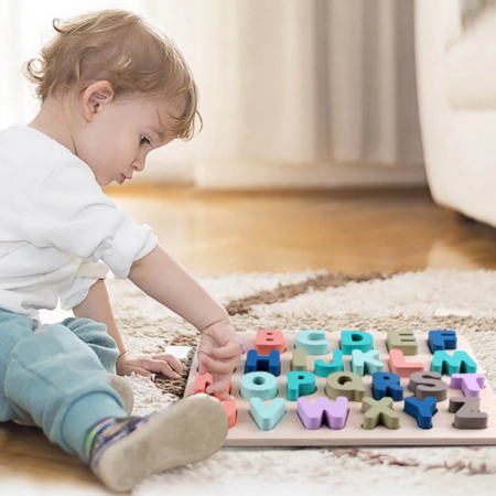 Joc puzzle din lemn, puzzle incastru litere si culori pastel. [2]