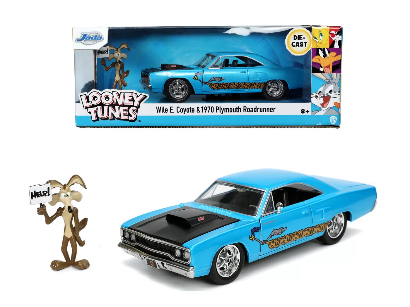 Jucării și Jocuri pentru copii - Looney tunes road runner set masinuta metalica 1970 plymouth scara 1:24 si figurina wile e coyote