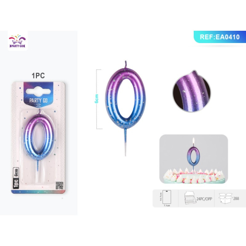 Lumanari aniversare - Lumanari aniversare pentru tort PartyGo cifra 0, 6cm, mov / albastru, EA0410