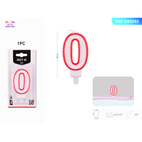 Lumanari aniversare - Lumanari aniversare pentru tort PartyGo cifra 0, 7cm, rosu, EB0052