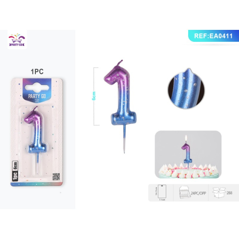 Lumanari aniversare - Lumanari aniversare pentru tort PartyGo cifra 1, 6cm, mov / albastru, EA0411
