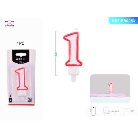Lumanari aniversare - Lumanari aniversare pentru tort PartyGo cifra 1, 7cm, rosu, EB0053
