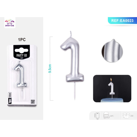 Lumanari aniversare - Lumanari aniversare pentru tort PartyGo cifra 1, 9.5cm, argintiu, EA0023